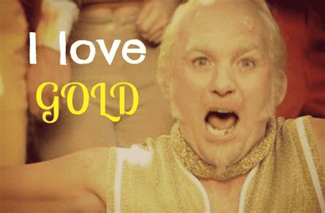 Meme image of an old man shouting I love gold