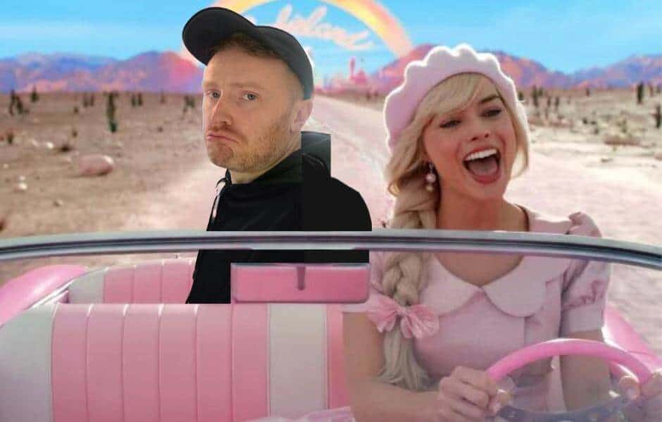 Margot Robbie as Barbie drives a car with Dr. James Martin in the back seat